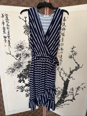 Navy & White Striped Faux Wrap Dress - Women